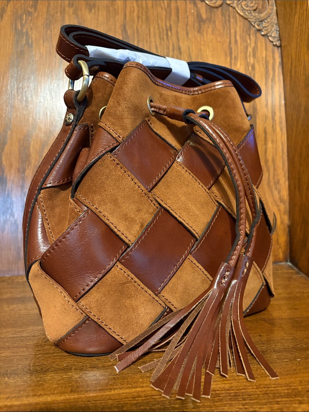 NWT-Patricia Nash-Bellona Bucket Bag-Suede Leather Weave Design-Cognac-$249 - Picture 3 of 15